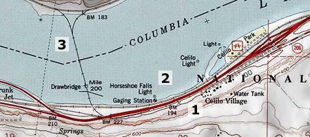 This map clip correlates today's landmarks to the aerial view of the falls, above