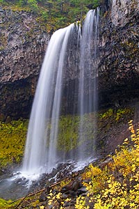 A close-up view reveals the huge cavern behind Tamanawas Falls