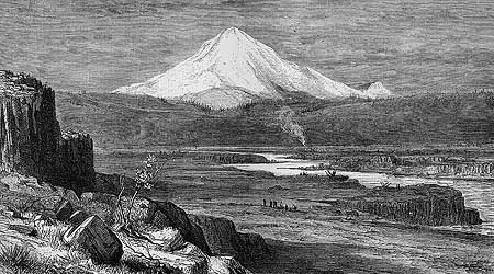 R. Swain Gifford's 1875 etching of Mount Hood towering over the Celilo Narrows is among the earliest geographically accurate renderings of the area