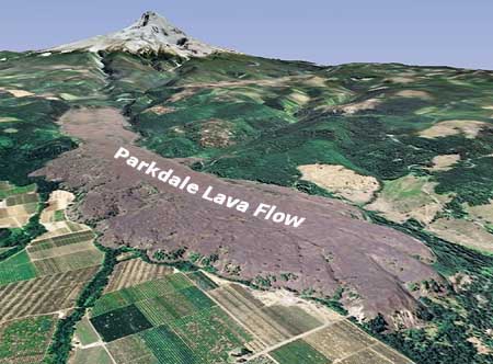 This Google Earth view looks south, from the toe of the Parkdale Lava Flow, toward its origin, at the foot of Mount Hood