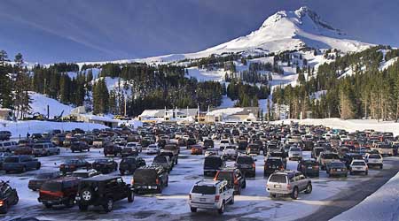 The sprawling Mount Hood Meadow parking lot is a sea of cars in ski season