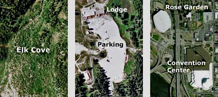 A visual comparison of the main Meadows lot (center) to Elk Cove, on Mount Hood's north side and a similar footprint in downtown Portland.
