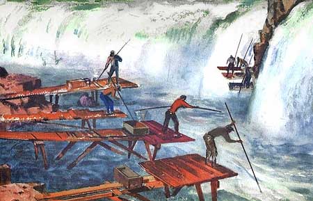 1930s painting of Indians fishing at Celilo Falls, as they had for thousands of years prior to white settlement of the Oregon Country.