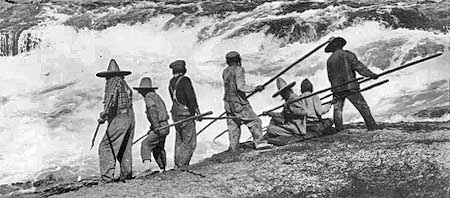 Indians fishing Celilo Falls with dip nets in the early 1900s, prior to construction of dams at Bonneville and The Dalles.