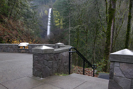 Another view from the plaza showing the interpretive sign (in the distance) and steps leading to the lower end of the Latourell Falls loop