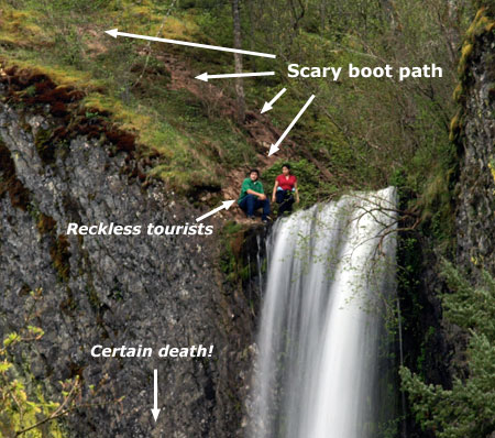 A pair of reckless visitors in flip-flops spotted in 2010 at the bottom of the dangerous boot path, tempting fate…