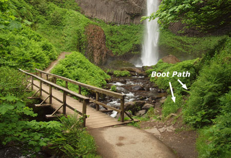 Heavy traffic has formed a boot-path at the base of Latourell Falls