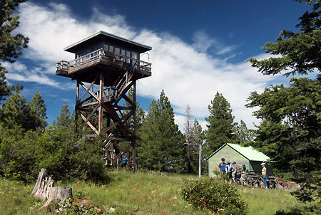 Cyclists visiting the Fivemile Butte Lookout