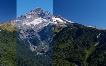 Composite comparison of polarized and un-polarized images of Mount Hood