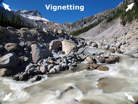Too many stacked filters left vignetting in the corners of this image of Newton Creek and Mount Hood
