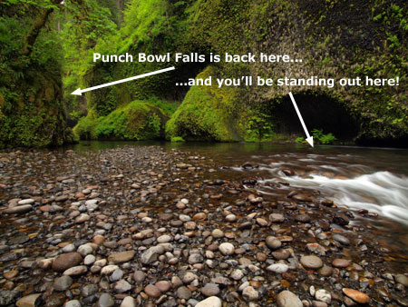The classic view of Punch Bowl Falls is captured near the large hollow in the cliff shown in this photo