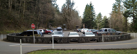The Angels Rest trailhead was expanded and improved in 2000 to include stone walls and trailhead signage in the style found elsewhere along the Historic Columbia River Highway