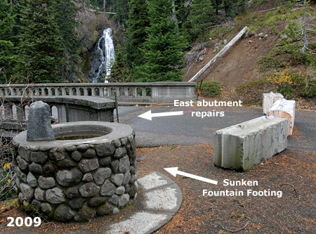 The sunken east abutment and partially sunken footing on the old fountain can be seen in this 2009 view