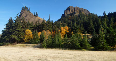 Mitchell Spur (left) is the lower rampart of Mitchell Point (right) in this highway view