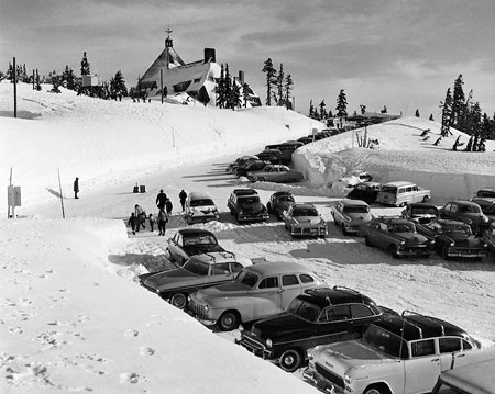 Timberline Lodge was overflowing with cars as soon as it opened in the late 1930s