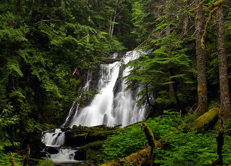 Just a few hundred yards downstream from the scene in the previous photo, Camp Creek spills over beautiful Yocum Falls, a seldom-visited spot bypassed by the modern highway. The pool below the falls is sullied with plastic cups, sport drink bottles and tires that have found their way into the stream from the highway