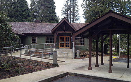The new Zigzag Visitors Center is fronted with a small plaza and information gazebo