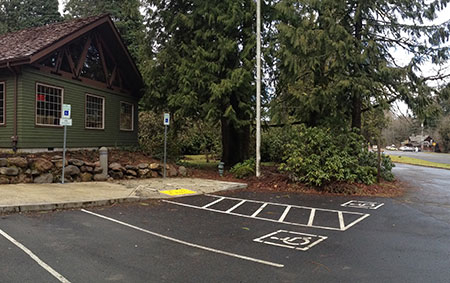 Wheelchair parking is provided close to the gazebo with ramps to both the restroom and visitor center