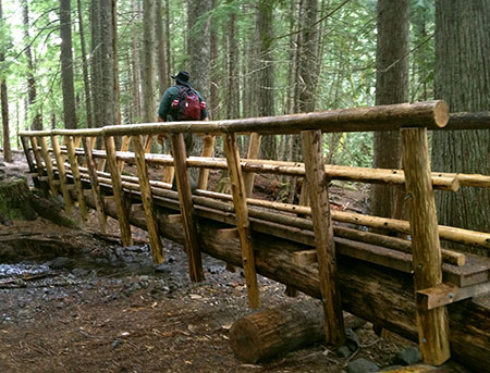 This massive new bridge over modest Ramona Creek was built in 2012 inside the Mount Hood Wilderness, less than a mile from the Upper Sandy Guard Station.