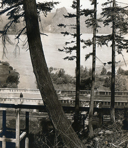 Beacon Rock and the McCord Creek Bridge as they appeared from the original CCC trail to Elowah Falls