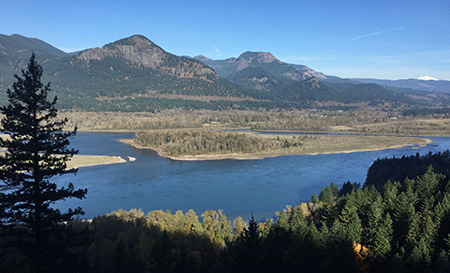 Sweeping cliff-top views stretch across the Columbia to Aldrich and Table Mountains -- and the very top of Mount Adams, in the distance