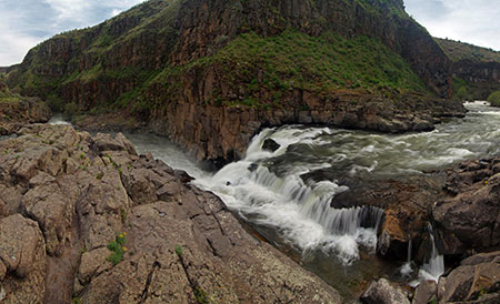 April features the lower falls at White River Falls State Park