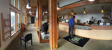 Interior panorama of the visitors center (note telescope on the left)