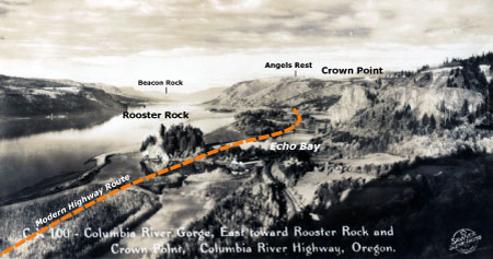1920s view from Chanticleer Point with the approximate route of the modern highway shown as the dashed orange line, along with other landmarks in the Gorge.