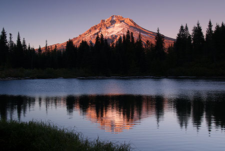Summer evening view of Mount Hood from Mirror Lake