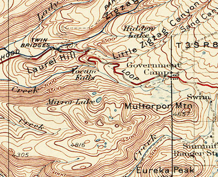 1920s map of the first paved alignment of the Mount Hood Loop Highway at Government Camp