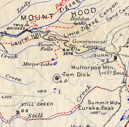 1930s map of the Mirror Lake Trail and surrounding area