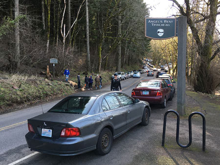 The notorious Angels Rest Trailhead on a typical winter weekend