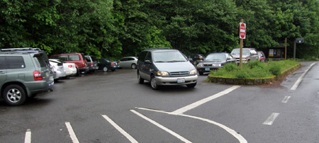 The small, free parking area at Elowah Falls is overflowing by dozens of cars, even on rainy winter days